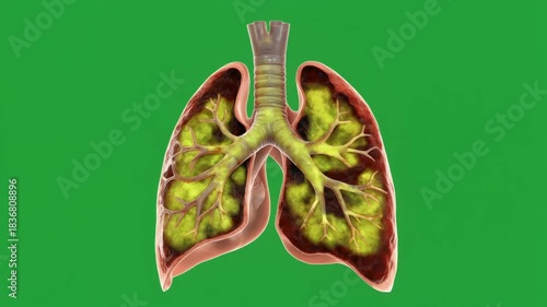 Medical illustration showing diseased human lungs with internal discoloration and damage.