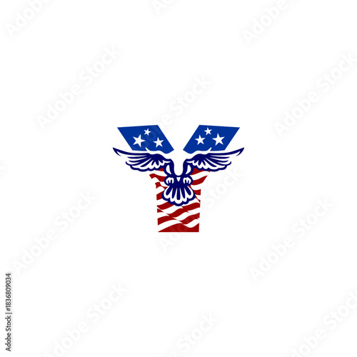 A clean emblem of an eagle blended with the USA flag forming a unique alphabet letter, ideal for logos, patches, and patriotic branding projects.