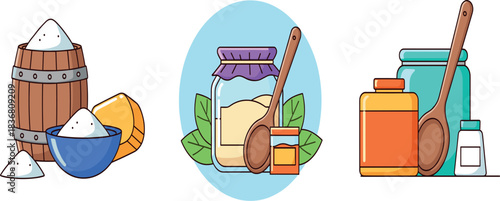 Powder Ingredients and Spice Jars Set with Wooden Spoons and Containers Illustration