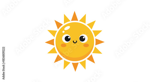 A very cute and simple cartoon sun character with big, happy eyes, a cheerful smile, and bright pointy rays, perfect for kids.