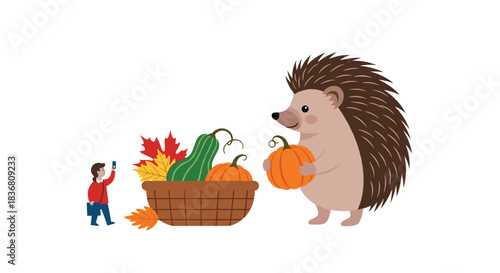 A whimsical illustration of a person taking a photo of a giant, friendly hedgehog holding pumpkins next to a basket of gourds.