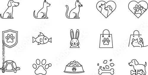 Pet Care and Veterinary Icon Set: Dog, Cat, Fish, Rabbit, Turtle, Paw Print, Bone, Food Bowl, Shopping, Adoption, and Animal Protection Line Art.