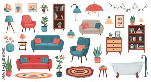 A large and stylish set of cozy home interior furniture and decor elements, including sofas, armchairs, plants, and lighting fixtures.