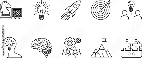 Strategic Business Management Icons: Innovation, Goals, and Problem-Solving Concept Vector Set