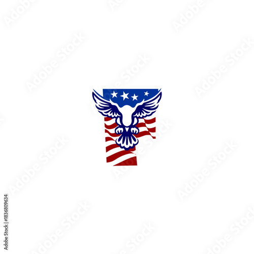 A clean emblem of an eagle blended with the USA flag forming a unique alphabet letter, ideal for logos, patches, and patriotic branding projects.