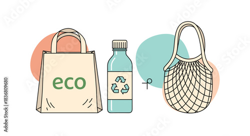 A set of eco-friendly and reusable items, including a canvas tote, a string bag, and a water bottle, promoting a zero-waste lifestyle.