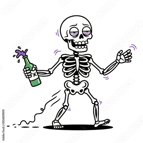 illustration of a human skull character walking with a drunk expression. isolated on a white background.