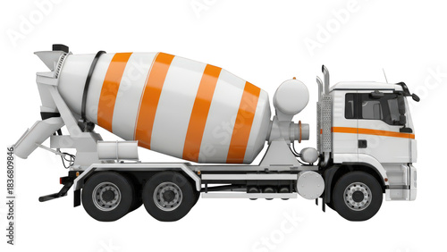 White and orange concrete mixer construction truck, side profile. isolated on transparent background