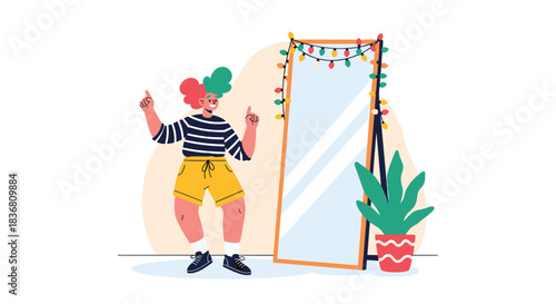 A cheerful person with colorful hair and a positive attitude dancing happily in front of a full-length mirror decorated with string lights.