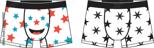 Playful Men's Boxer Shorts with Colorful Star Pattern and Smiley Face Design, Perfect for Casual, Loungewear, and Fun Fashion Illustration