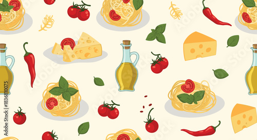 A delicious seamless pattern of Italian food ingredients, including pasta, cherry tomatoes, basil, cheese, and olive oil on a light background.