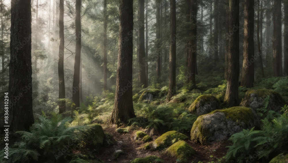 Obraz premium Sunlight Filtering Through a Dense Forest Canopy.