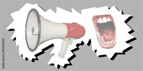 Mouth screaming in megaphone Halftone Dotted Collage Element Pointillize in Paper Torn vector for protests and announcements. Symbolizes loud voices, dissent, and marketing.