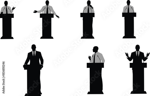 Public speaking illustration showing business professionals giving speeches at podiums, presentation communication, leadership conference, debate discussion, political speech concept design.