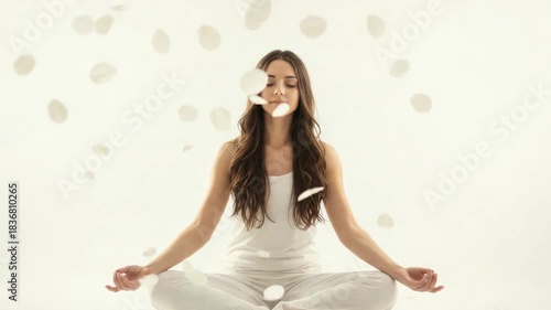 Young woman in white clothes meditates in the lotus position, with flower petals falling around