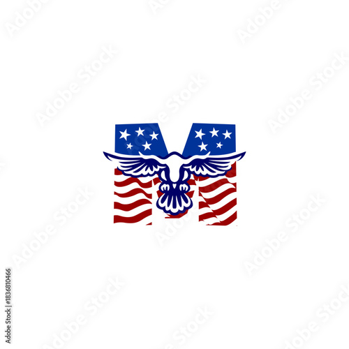 A clean emblem of an eagle blended with the USA flag forming a unique alphabet letter, ideal for logos, patches, and patriotic branding projects.