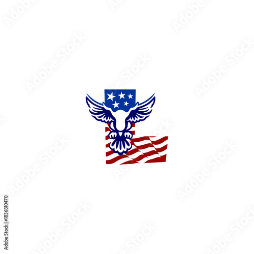A clean emblem of an eagle blended with the USA flag forming a unique alphabet letter, ideal for logos, patches, and patriotic branding projects.