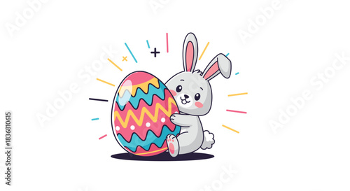 A super cute Easter bunny hugging a large, brightly painted Easter egg with colorful decorative elements in the background.