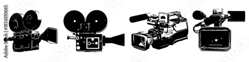 Set Black and White Silhouette movie camera vector for film production and media interfaces. Symbolizes recording, cinema, and clean, high-contrast visual media.