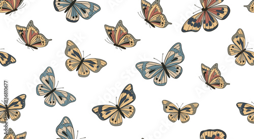 A beautiful seamless pattern of vintage-style butterflies in muted blue and beige tones, scattered on a clean white background.