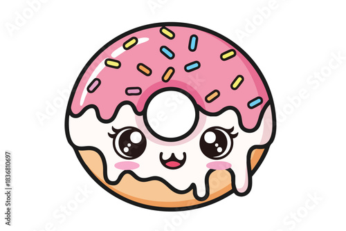 Cartoon Donut with Pink Icing and Sprinkles