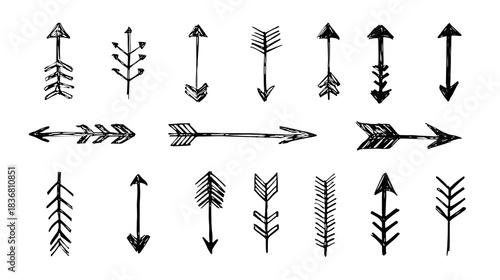Hand drawn tribal arrow icons rustic boho design elements for navigation and direction isolated on white background.