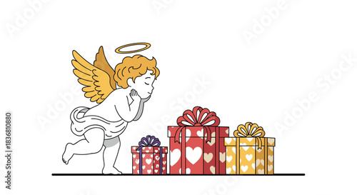 A charming and cute cupid angel with golden wings and a halo, looking lovingly at a stack of Valentine's Day gift boxes.