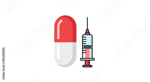 Red and White Capsule Alongside a Medical Syringe with Liquid.