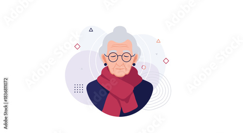 A peaceful elderly woman with grey hair glasses and a red scarf is shown in a modern portrait with her eyes closed.