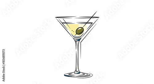 A classic martini cocktail in a glass garnished with a green olive on a pick is shown in a stylish sketch illustration.