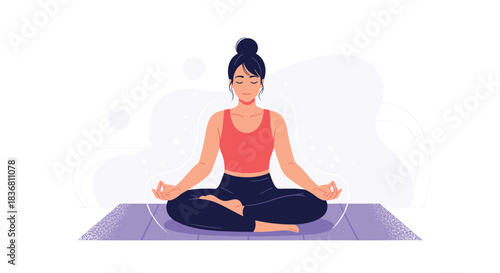 A calm young woman with her hair in a bun sits in the lotus position meditating on a purple yoga mat.