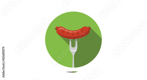 A flat design icon of a grilled sausage on a fork with a long shadow set against a circular green background.