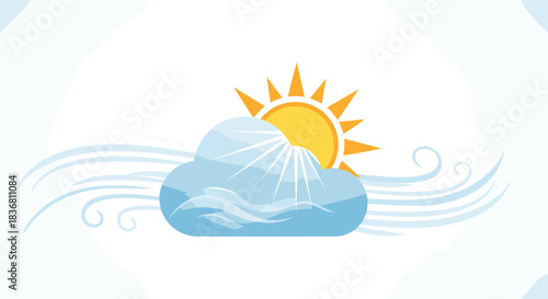 A weather icon showing the sun partially hidden by a cloud with stylized wind blowing for a partly cloudy and windy day.