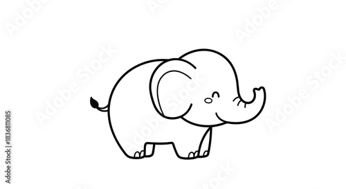 A simple and cute line art drawing of a smiling baby elephant perfect for a children's coloring book or nursery decor.