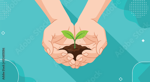 Two hands are gently holding a small green sprout in soil as a symbol of growth environmental care and new life.