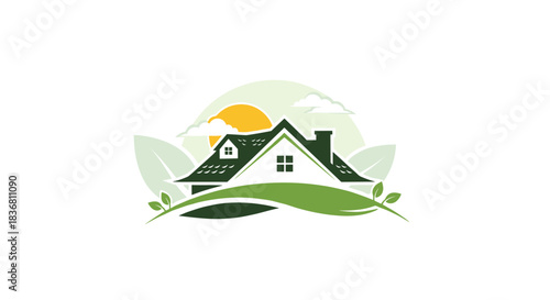 An eco-friendly house logo with a green roof and leaves is set against a rising sun perfect for green construction.