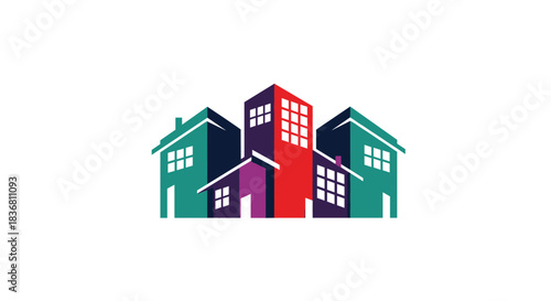 A colorful and modern real estate logo features abstract houses and buildings in purple red and teal for a property company.