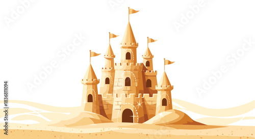 A magnificent and detailed sandcastle with towers and flags stands on a sandy beach ready for a summer vacation adventure.