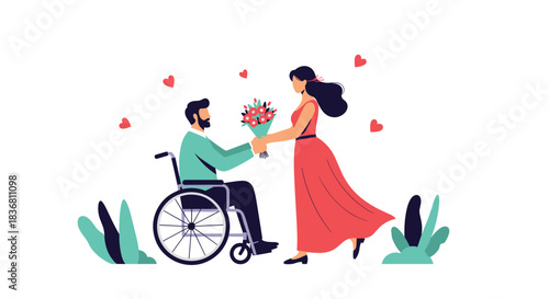 A woman in a beautiful red dress gives a bouquet of flowers to a happy man in a wheelchair on a romantic date.