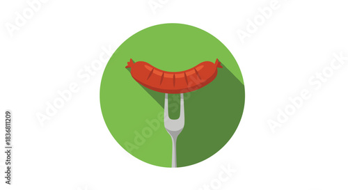 A single grilled sausage on a two-pronged fork presented as a modern flat design icon with a green circular background.