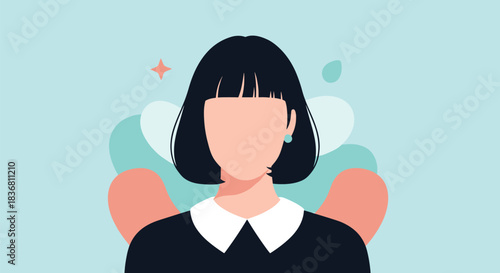 A modern flat design avatar of a woman with short black hair a white collar and an abstract background for a profile.