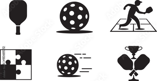 Black Pickleball Sport Icon Set Representing Paddles Balls Court Player and Cup