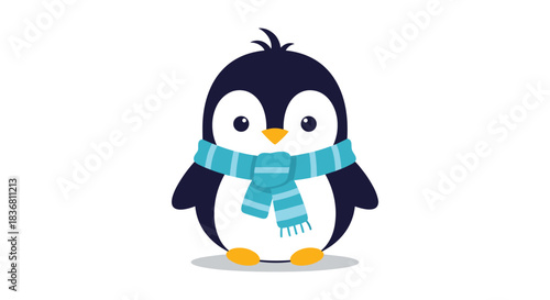 An adorable baby penguin is wearing a cozy blue and white striped scarf in this cute winter character vector illustration.