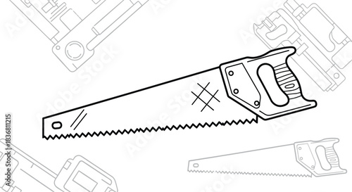 A black and white line art illustration of a hand saw for carpentry and woodworking with other tools in the background.