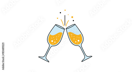 Two champagne glasses are clinking together in a toast to celebrate a special occasion with bubbles and golden sparkles.