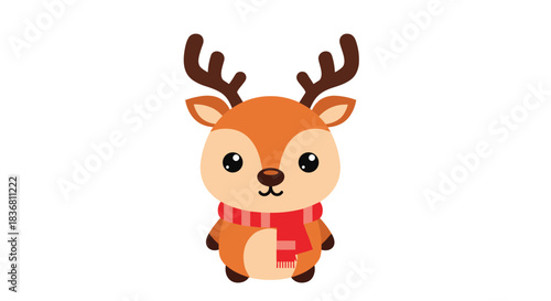 An incredibly cute baby reindeer with big eyes is wearing a red and white striped scarf for the winter holiday season.