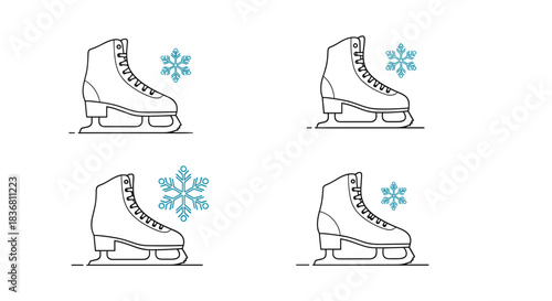 A set of four minimalist line art icons of ice skates each paired with a delicate blue snowflake for winter sports.