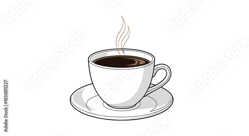 A simple black and white line drawing of a hot cup of coffee with steam rising from it perfect for a cafe menu.