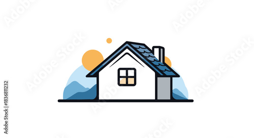 A simple and cozy house with a chimney and a blue tiled roof is illustrated in a clean modern line art style.