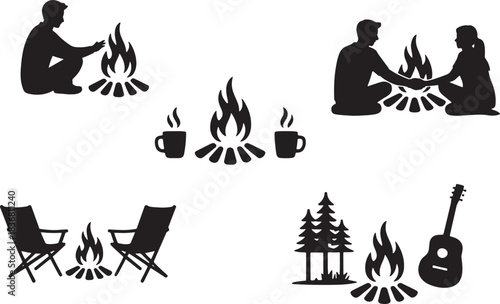 Campfire relaxing moments icons for outdoor retreat with friends or family time